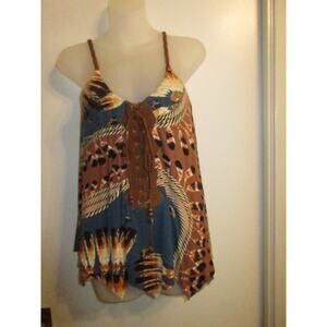 Sky Clothing Brand XS Top Handkerchief Suede Leather Printed Feathers FLAWED